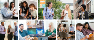 Collage of images showing various UT System employees working and engaging together in different work environments.